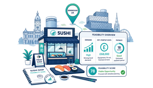 Sushi Shop planning illustration for Birmingham with a map pin and feasibility dashboard