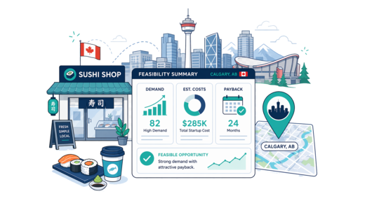 Sushi Shop planning illustration for Calgary with a map pin and feasibility dashboard
