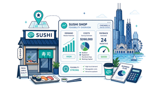 Sushi Shop planning illustration for Chicago with a map pin and feasibility dashboard