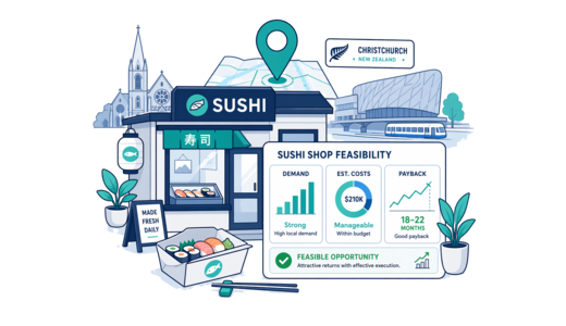 Sushi Shop planning illustration for Christchurch with a map pin and feasibility dashboard