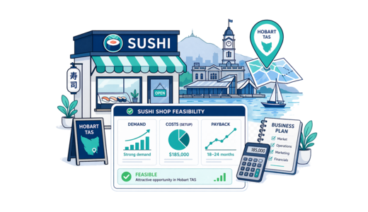 Sushi Shop planning illustration for Hobart with a map pin and feasibility dashboard