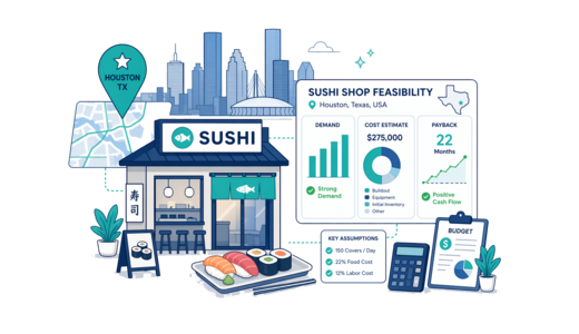 Sushi Shop planning illustration for Houston with a map pin and feasibility dashboard