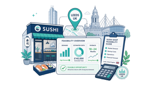 Sushi Shop planning illustration for Leeds with a map pin and feasibility dashboard