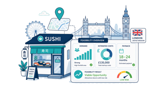 Sushi Shop planning illustration for London with a map pin and feasibility dashboard
