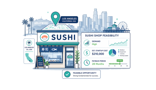 Sushi Shop planning illustration for Los Angeles with a map pin and feasibility dashboard