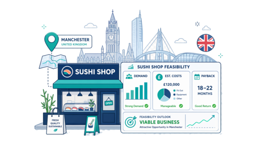 Sushi Shop planning illustration for Manchester with a map pin and feasibility dashboard