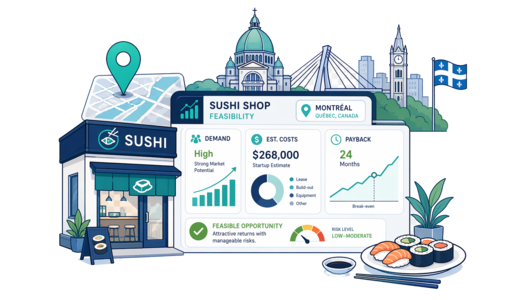 Sushi Shop planning illustration for Montreal with a map pin and feasibility dashboard