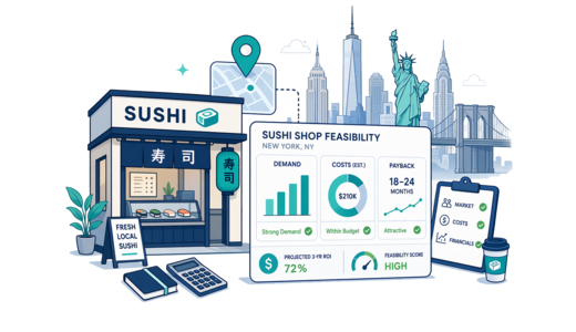 Sushi Shop planning illustration for New York with a map pin and feasibility dashboard