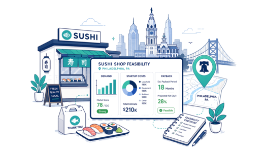 Sushi Shop planning illustration for Philadelphia with a map pin and feasibility dashboard