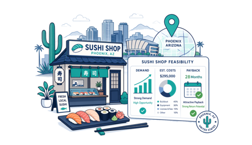 Sushi Shop planning illustration for Phoenix with a map pin and feasibility dashboard