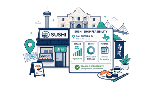 Sushi Shop planning illustration for San Antonio with a map pin and feasibility dashboard