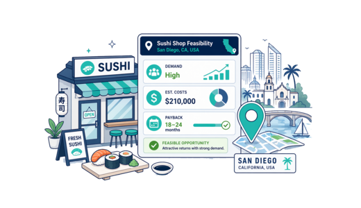 Sushi Shop planning illustration for San Diego with a map pin and feasibility dashboard