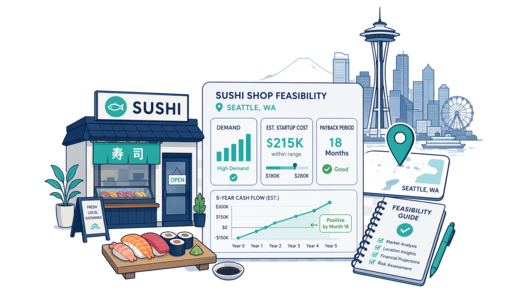 Sushi Shop planning illustration for Seattle with a map pin and feasibility dashboard