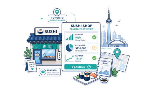 Sushi Shop planning illustration for Toronto with a map pin and feasibility dashboard