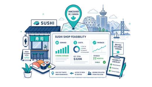 Sushi Shop planning illustration for Vancouver with a map pin and feasibility dashboard