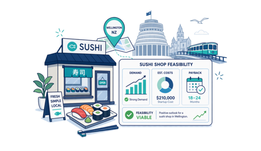 Sushi Shop planning illustration for Wellington with a map pin and feasibility dashboard