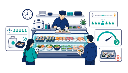 A sushi shop with prep bench, rice cooker, chilled display cabinet, lunch customers and wastage control