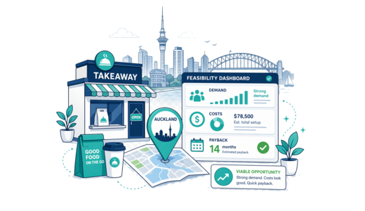 Takeaway / Delivery planning illustration for Auckland with a map pin and feasibility dashboard