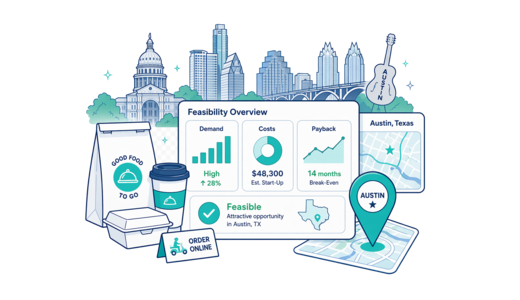 Takeaway / Delivery planning illustration for Austin with a map pin and feasibility dashboard