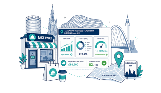 Takeaway / Delivery planning illustration for Birmingham with a map pin and feasibility dashboard