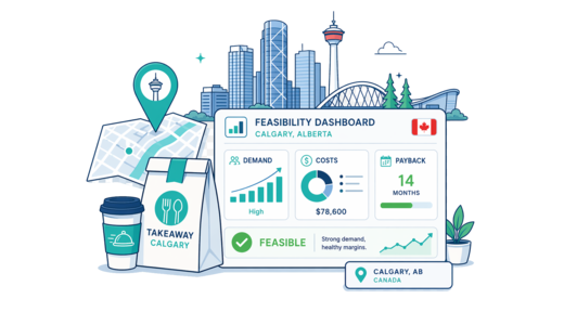 Takeaway / Delivery planning illustration for Calgary with a map pin and feasibility dashboard