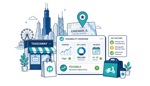 Takeaway / Delivery planning illustration for Chicago with a map pin and feasibility dashboard