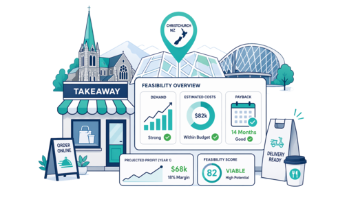 Takeaway / Delivery planning illustration for Christchurch with a map pin and feasibility dashboard
