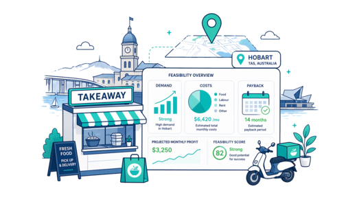 Takeaway / Delivery planning illustration for Hobart with a map pin and feasibility dashboard