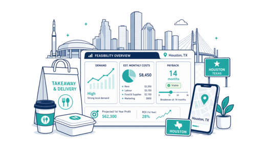 Takeaway / Delivery planning illustration for Houston with a map pin and feasibility dashboard