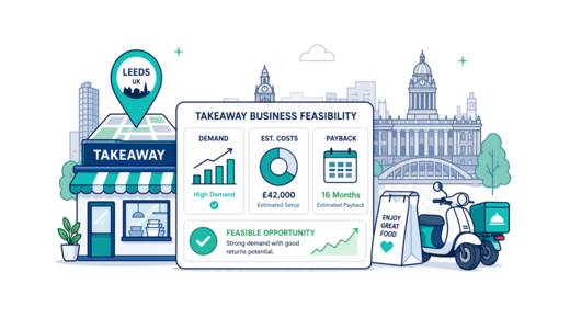 Takeaway / Delivery planning illustration for Leeds with a map pin and feasibility dashboard