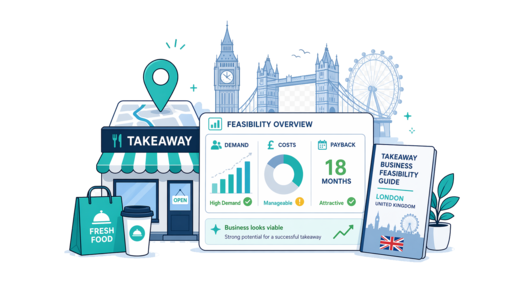 Takeaway / Delivery planning illustration for London with a map pin and feasibility dashboard