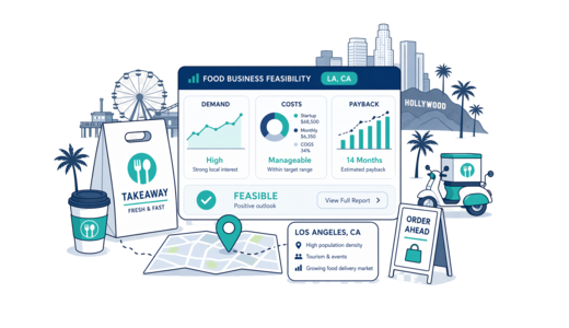 Takeaway / Delivery planning illustration for Los Angeles with a map pin and feasibility dashboard