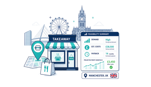 Takeaway / Delivery planning illustration for Manchester with a map pin and feasibility dashboard