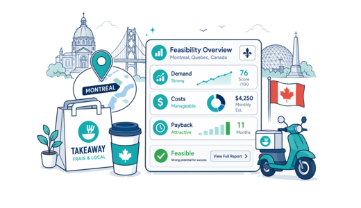 Takeaway / Delivery planning illustration for Montreal with a map pin and feasibility dashboard