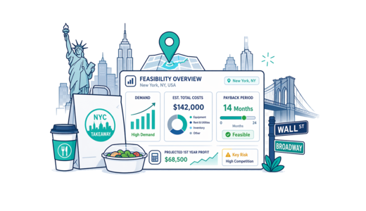 Takeaway / Delivery planning illustration for New York with a map pin and feasibility dashboard