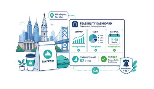 Takeaway / Delivery planning illustration for Philadelphia with a map pin and feasibility dashboard