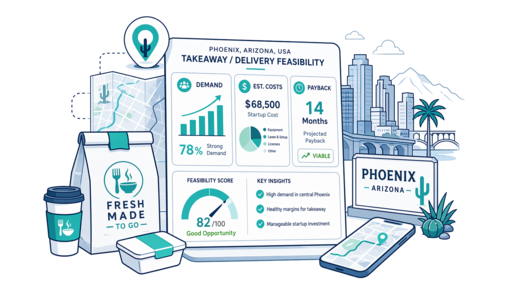 Takeaway / Delivery planning illustration for Phoenix with a map pin and feasibility dashboard