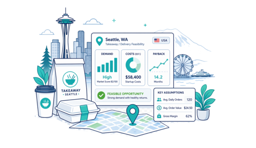 Takeaway / Delivery planning illustration for Seattle with a map pin and feasibility dashboard