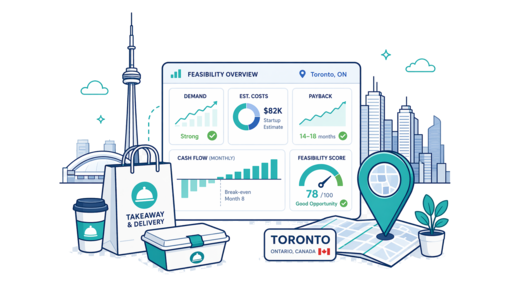 Takeaway / Delivery planning illustration for Toronto with a map pin and feasibility dashboard