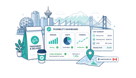 Takeaway / Delivery planning illustration for Vancouver with a map pin and feasibility dashboard