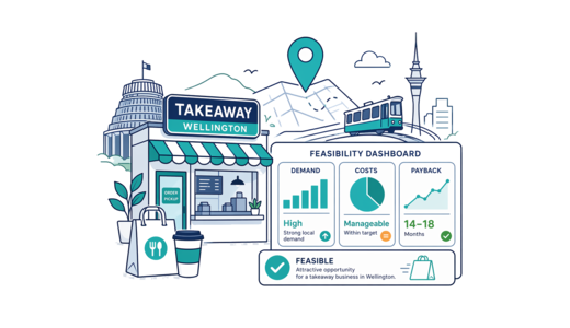 Takeaway / Delivery planning illustration for Wellington with a map pin and feasibility dashboard