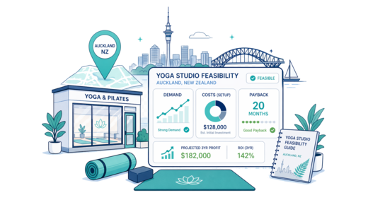 Yoga / Pilates Studio planning illustration for Auckland with a map pin and feasibility dashboard