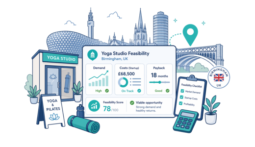 Yoga / Pilates Studio planning illustration for Birmingham with a map pin and feasibility dashboard