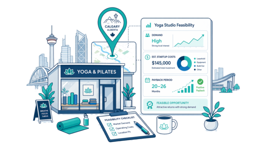 Yoga / Pilates Studio planning illustration for Calgary with a map pin and feasibility dashboard