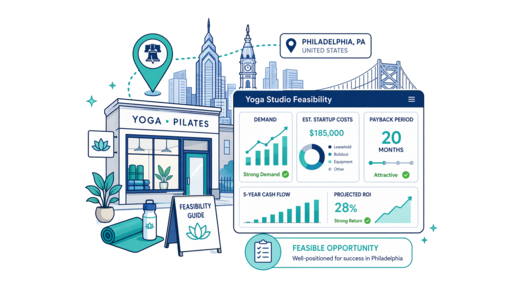 Yoga / Pilates Studio planning illustration for Philadelphia with a map pin and feasibility dashboard