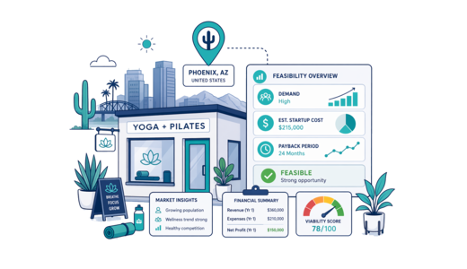 Yoga / Pilates Studio planning illustration for Phoenix with a map pin and feasibility dashboard
