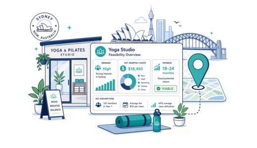 Yoga / Pilates Studio planning illustration for Sydney with a map pin and feasibility dashboard