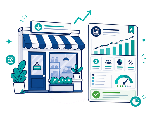 Storefront beside a feasibility dashboard showing an upward trend and a positive check