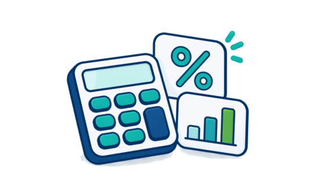 A calculator beside pricing and cash-flow symbols