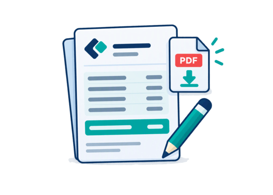 An invoice document with item rows and a download symbol